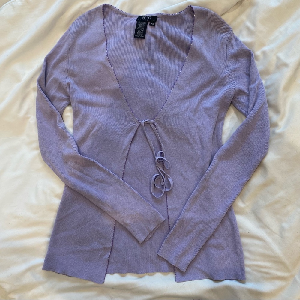 BCBG max azaria lavender tie front sweater